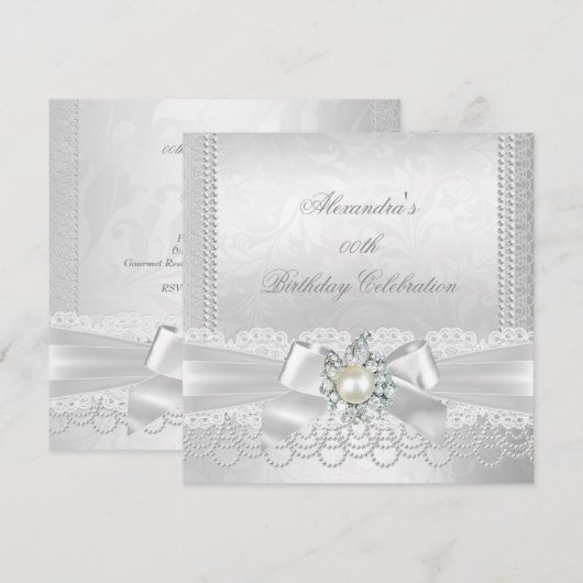 Pearl Lace Damask Diamond Silver White Bow Party Kaart (Voorkant / Achterkant)