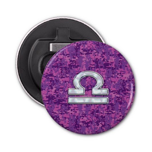 Pearl Libra Zodiac Sign on Fuchsia Digital Camo Button Flesopener (Voorkant)
