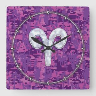Pearl like Aries Symbol on Pink Digital Camo Vierkante Klok