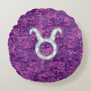 Pearl like Taurus Zodiac Sign on Pink Digital Camo Rond Kussen