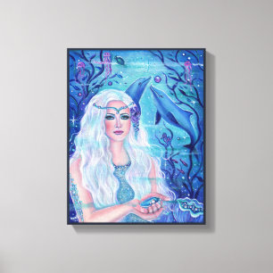 Pearl mermaid met dolfijnen van Renee L. Lavoie Canvas Afdruk