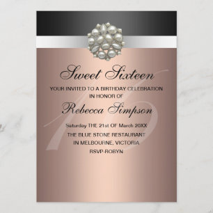 Pearl Pink & Black Sweet 16 verjaardagsuitnodiging Kaart