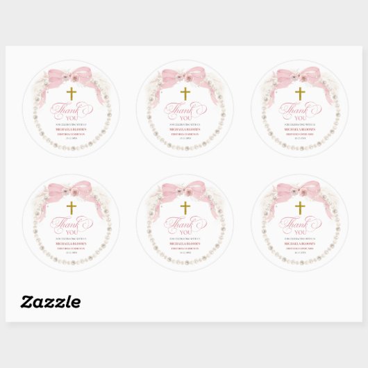 Pearl Pink Boho Eerste Heilige Communie Dank u Ronde Sticker (Vel)
