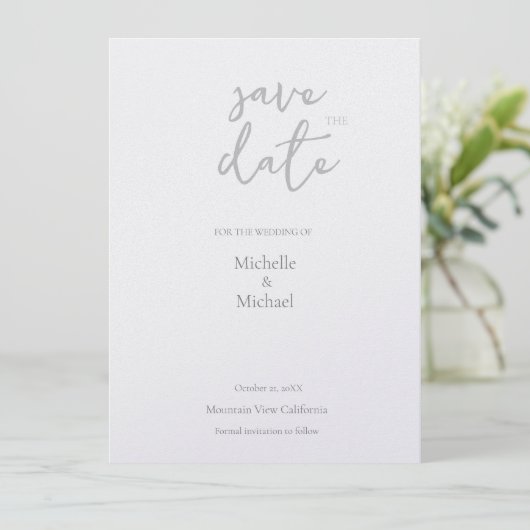 Pearl Shimmer Bruiloft Minimalistisch Modern Save The Date (Staand voorkant)