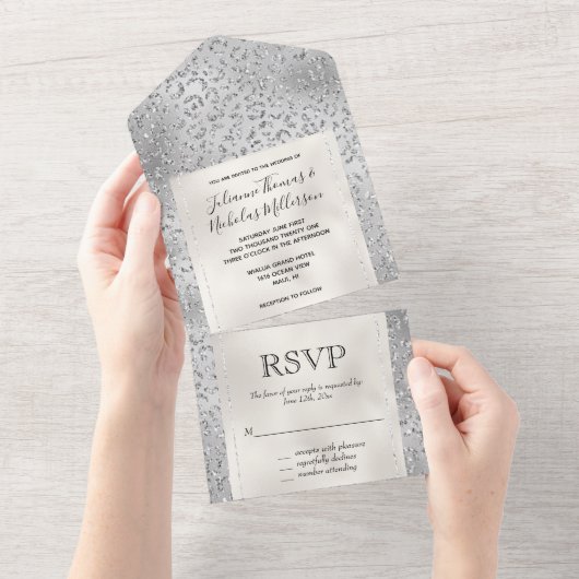 Pearl Silver Leopard Print Glitter All In One Uitnodiging (Afscheurbaar)