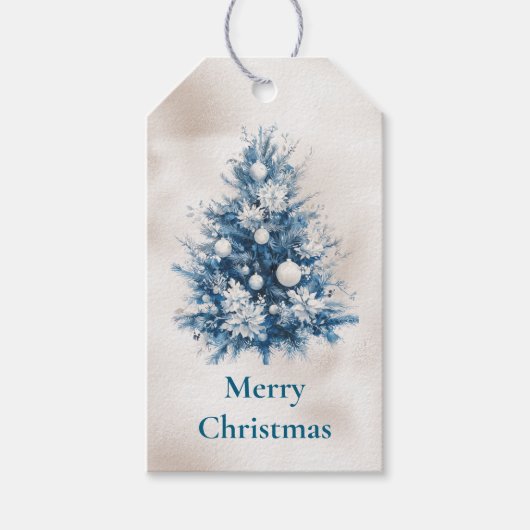 Pearl White Blue Christmas Tree Cadeaulabel (Voorkant)