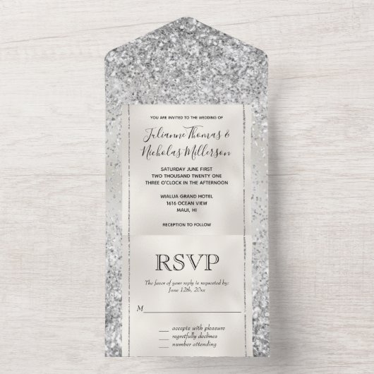 Pearl White Luxe Silver Glitter     All In One Uitnodiging (Binnen)