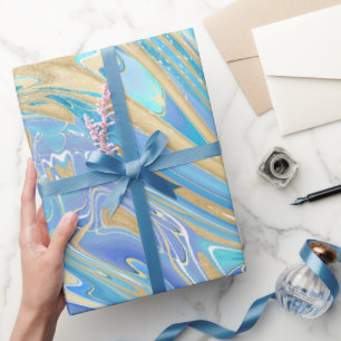 Pearlescent Aqua & Gold Liquid Marble Cadeaupapier