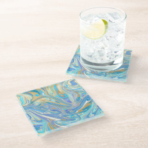 Pearlescent Aqua & Gold Liquid Marble Glazen Onderzetter