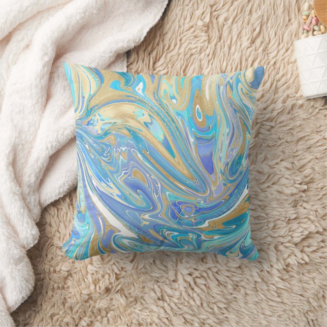 Pearlescent Aqua & Gold Liquid Marble Kussen (Deken)
