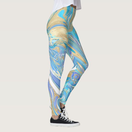 Pearlescent Aqua & Gold Liquid Marble Leggings (Rechts)