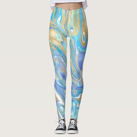 Pearlescent Aqua & Gold Liquid Marble Leggings (Voorkant)