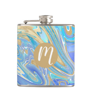 Pearlescent Aqua & Gold Liquid Marble & Monogram Heupfles