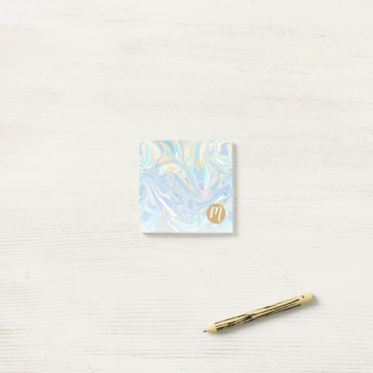 Pearlescent Aqua & Gold Liquid Marble & Monogram Post-it® Notes (Op bureau)