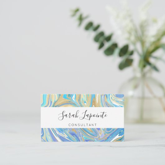 Pearlescent Aqua & Gold Liquid Marble QR code Visitekaartje (Staand voorkant)