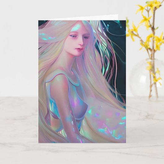 Pearlescent Fantasy AI Art Etherische Vrouw Kaart (Gele Bloem)