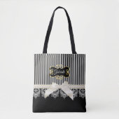 Pearls and Lace Black Stripes Cream Bow Gold Name Draagtas (Voorkant)