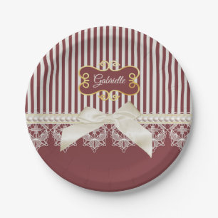 Pearls and Lace Deep Red Stripes Bow and Name Papieren Bordje