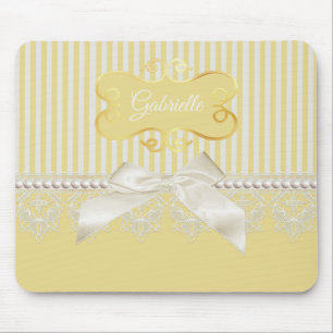 Pearls and Lace Gold Stripes Ivory Bow met naam Muismat
