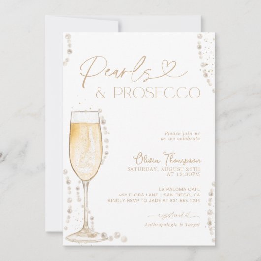 Pearls and Prosecco Bridal Shower, Bubbly Invite Kaart (Voorkant)