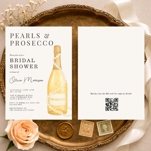 Pearls and Prosecco QR Code Bridal Shower Kaart