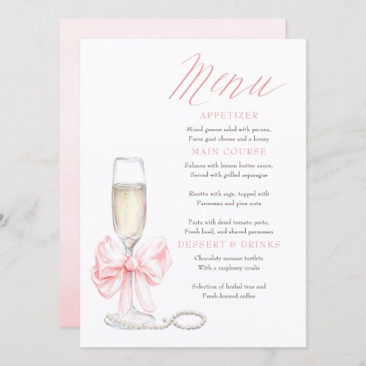 Pearls and Prosecco Whimsical Chic Menu Cards (Devant / Derrière)