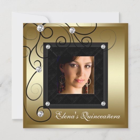 Pearls Black Gold Photo Quinceanera Invitations (Devant)