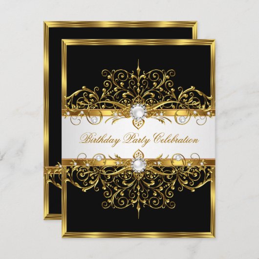Pearls Black White Gold Elegant Birthday Party Kaart (Voorkant / Achterkant)