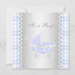 Pearls Blue Gingham Carriage Baby Boy Shower Kaart