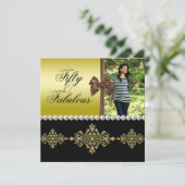 Pearls & Bow Gold & Black Fabulous 50 fotovrouwen Kaart (Staand voorkant)