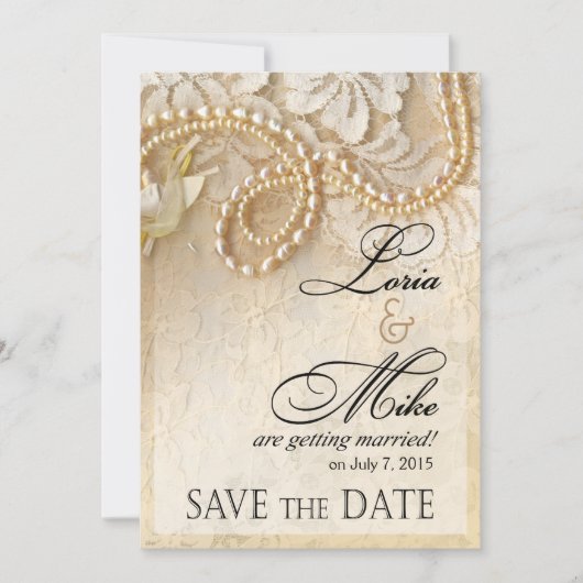 Pearls en kant sparen de Datum | eggshell Save The Date (Voorkant)