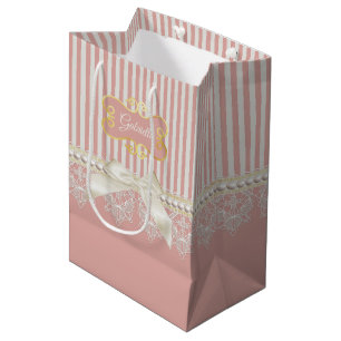 Pearls en Lace Pink Stripes Cream Bow and Name Medium Cadeauzakje