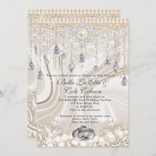 Pearls Lace en Bling Wedding Invitation Kaart (Voorkant / Achterkant)