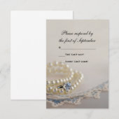 Pearls, Ring, Blue  Lace Wedding RSVP Kaart (Voorkant / Achterkant)