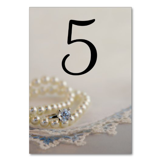 Pearls, Ring en Blue Lace Wedding Table Numbers Kaart (Voorkant)