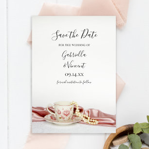Pearls Weddenschap met roze Floral Tea Cup Save The Date