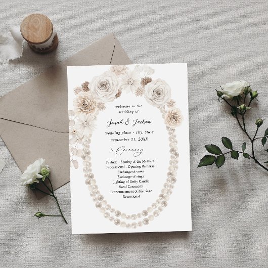Pearls & White Floral Wedding Ceremony Programme Kaart