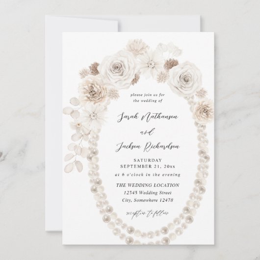 Pearls & White Floral Wedding Kaart (Voorkant)
