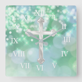 Pearly Cross met Aqua Glans Vierkante Klok