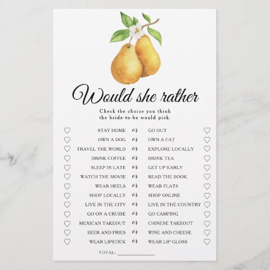 Pears Bridal shower Would she rather game (Voorkant)