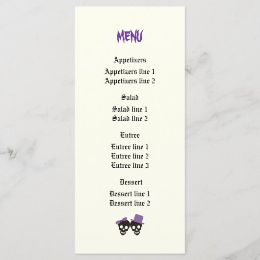 Peau amusante Carte menu mariage violet Halloween (Dos)