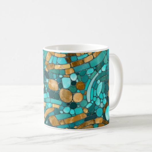 Pebbles Mozaïek Kunst - Smaragd en Goud Koffiemok (Voorkant rechts)