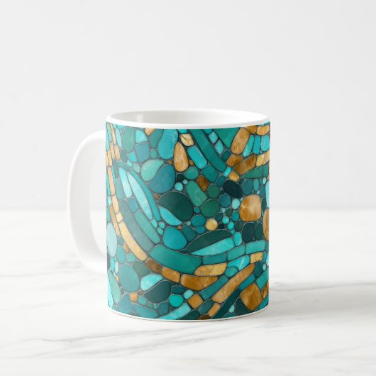 Pebbles Mozaïek Kunst - Smaragd en Goud Koffiemok (Voorkant links)