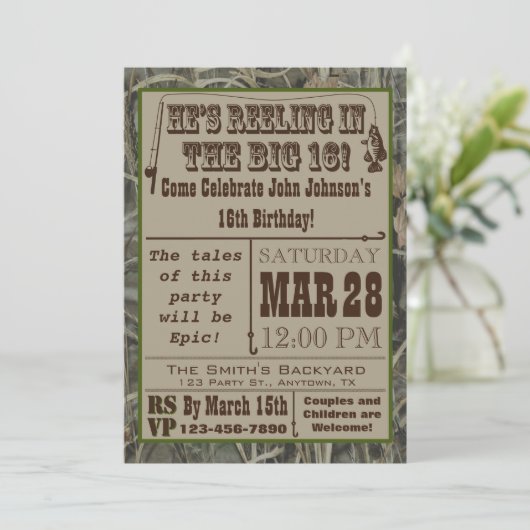 Pêche 16ème anniversaire Invitation avec Camo (Debout devant)