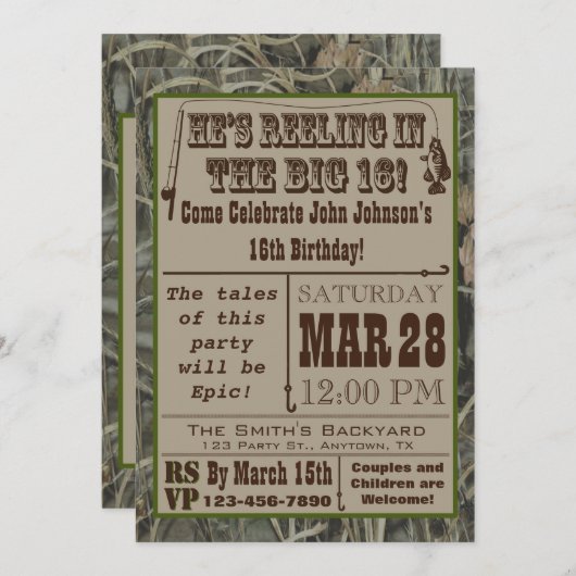 Pêche 16ème anniversaire Invitation avec Camo (Devant / Derrière)