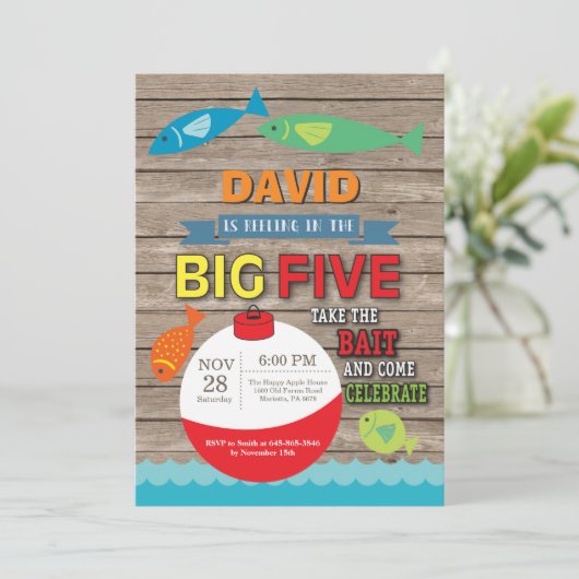 Pêche 5e anniversaire Invitation Big Five Rustic (Debout devant)