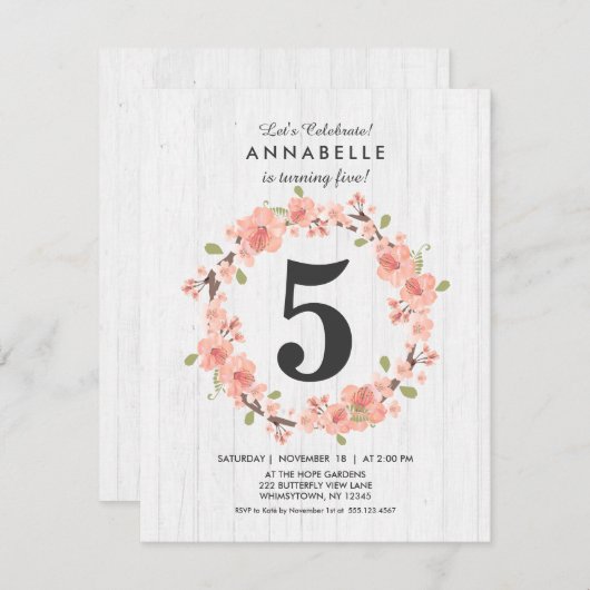 Pêche au bois blanc Floral Invitation de fête d'an (Devant / Derrière)