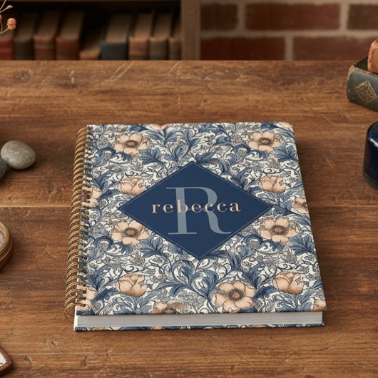 Pêche Bleu Floral William Morris Élégant Monogramm