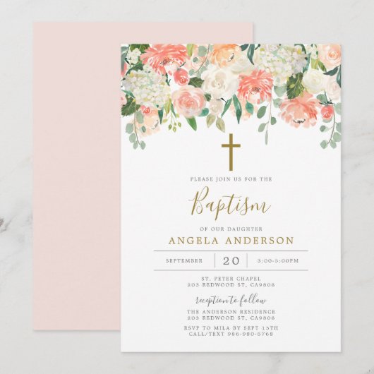 Pêche et crème Baptême / Invitation Christening (Devant / Derrière)