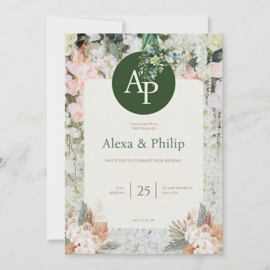 Pêche et Faire-part de mariage florale verte (Devant)